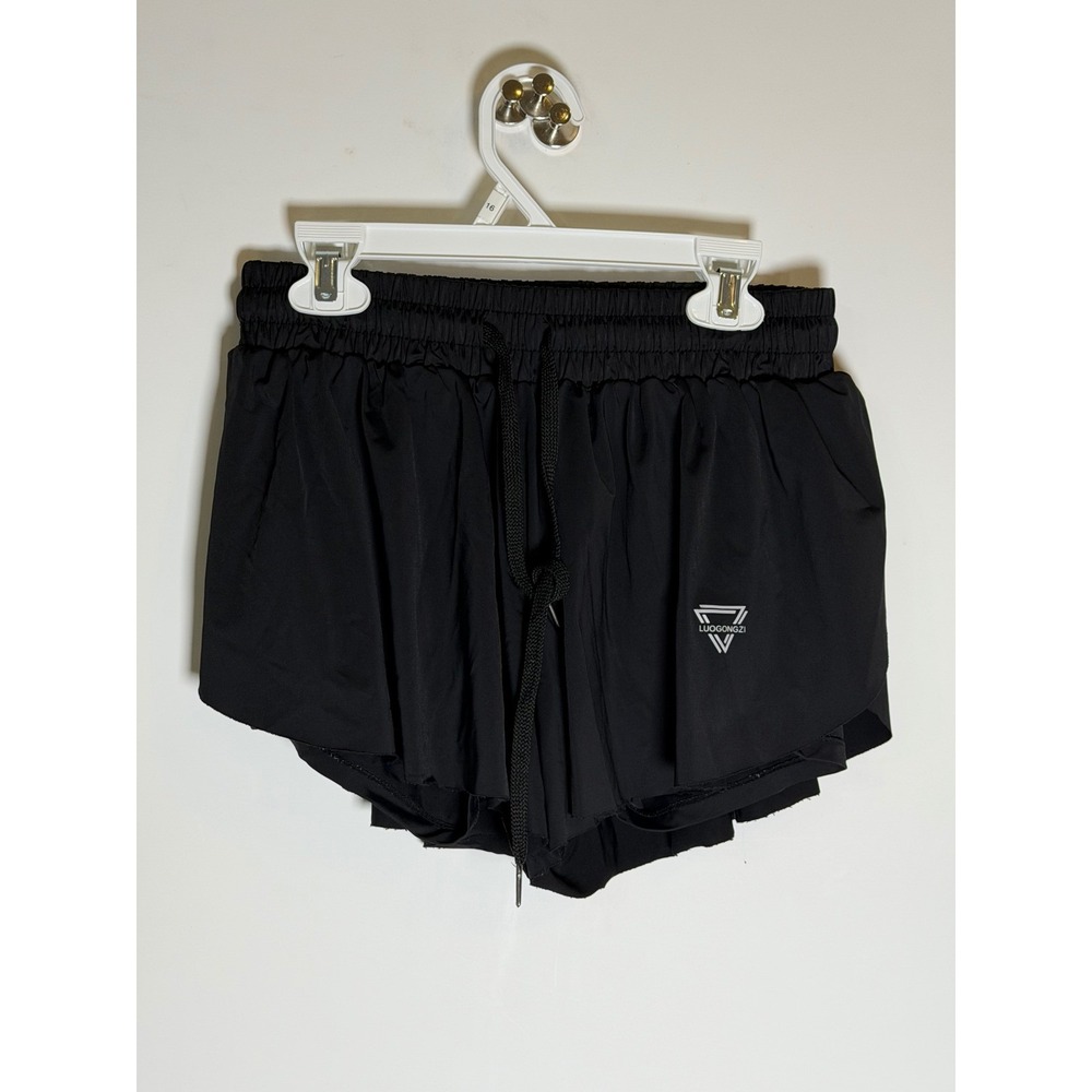 Luogongzi Black 2-in-1 Running Shorts Women Small Smocked Waist Athletic